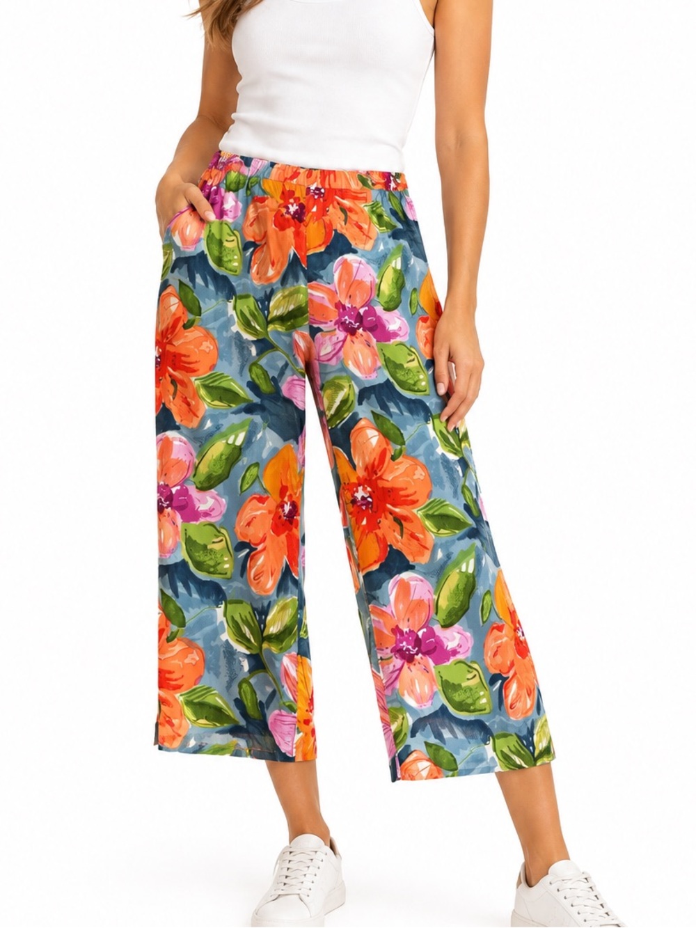 Junonia Floral Capri Pants Women’s 1X Elastic Waist Cotton Spandex Culottes